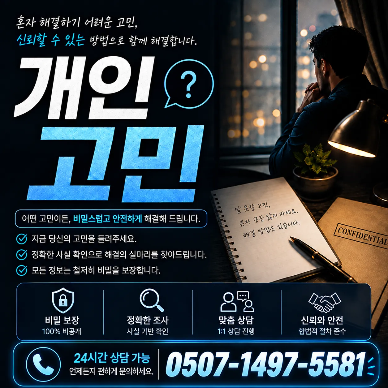혼자 해결하기 어려운 개인 고민을 비밀스럽고 안전하게 상담한다는 안내 이미지